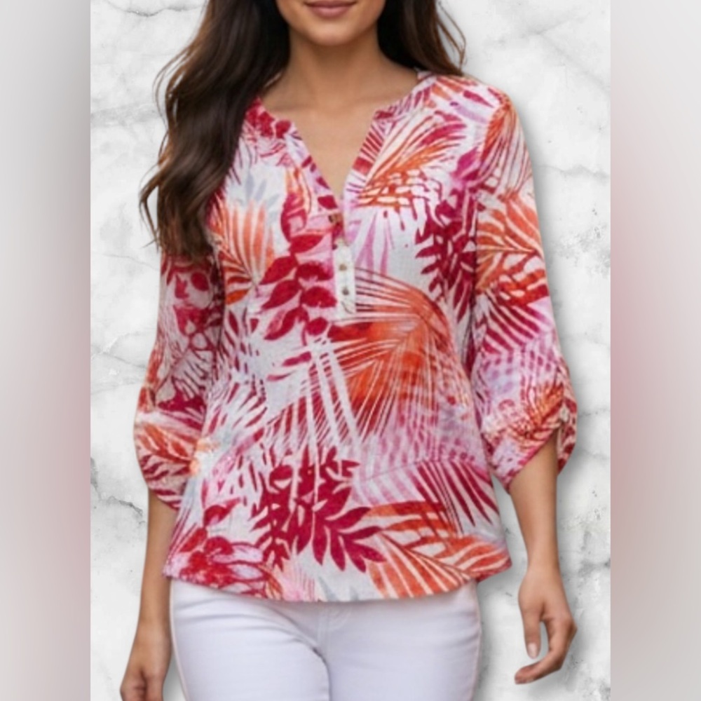 Emily Daniels 3/4 Ruched Sleeve V Neck Palm Leaf Red Orange Pink Blouse Size M